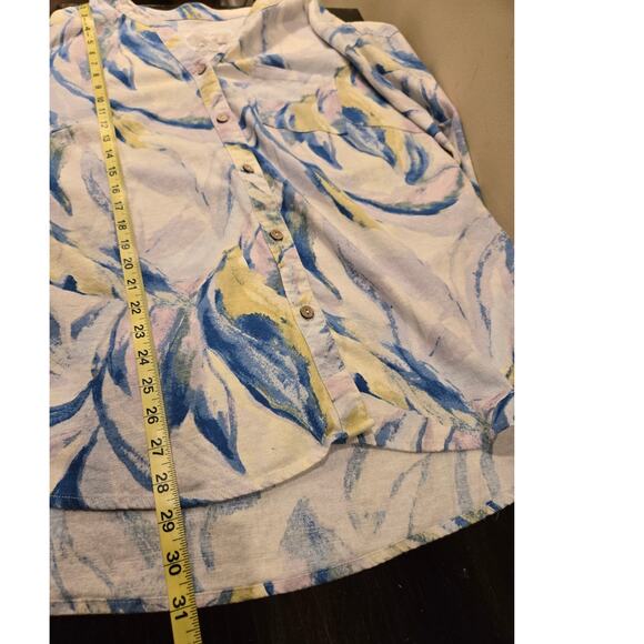 Cupio Linen Blend Button Down Top Roll Tab Sleeve V-Neck Abstract Blouse 2X - Picture 11 of 11